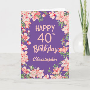 40歳の誕生日パープルピンク桃の水色フローラ カード