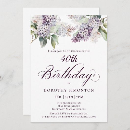 40歳の誕生日パープル春薄紫花 招待状 (正面/裏面)