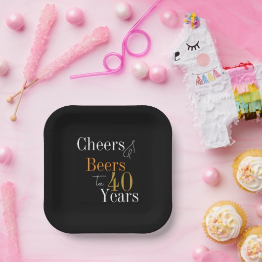40歳の誕生日ビールと応援ブラック金ゴールドパーティー ペーパープレート (パーティー)
