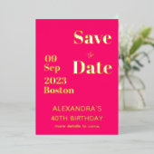 40歳の誕生日ピンクのオレンジ色の金ゴールドは日付を保存 箔招待状 (立ち正面)