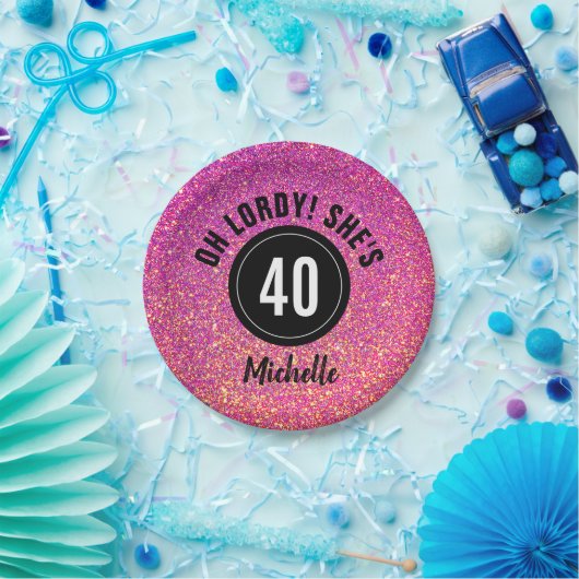 40歳の誕生日ピンクのグリッターのきらめパーソナライズされたき ペーパープレート (パーティー)