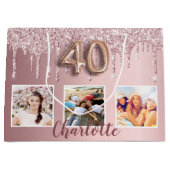 40歳の誕生日ピンクのグリッタードリップフォトモノグラム ラージペーパーバッグ (正面)