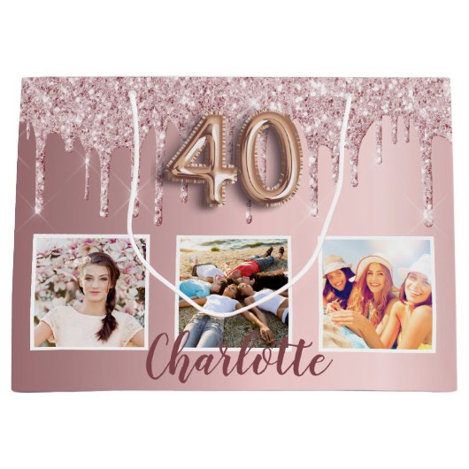 40歳の誕生日ピンクのグリッタードリップフォトモノグラム ラージペーパーバッグ (正面)