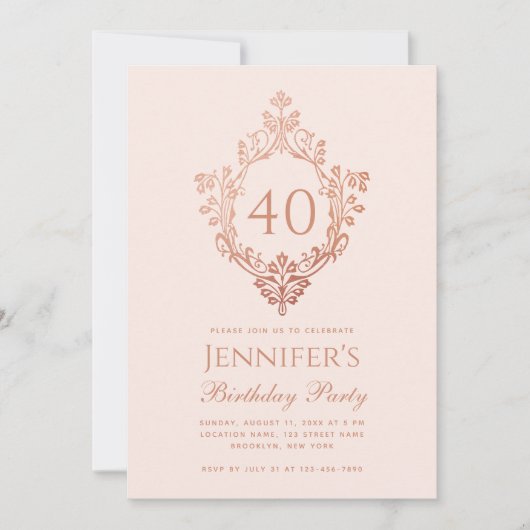 40歳の誕生日ピンクのバラの金ゴールドヴィンテージクレストスクリプト 招待状 (正面)