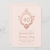 40歳の誕生日ピンクのバラの金ゴールドヴィンテージクレストスクリプト 招待状 (正面/裏面)