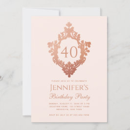 40歳の誕生日ピンクのバラの金ゴールドヴィンテージクレストスクリプト 招待状