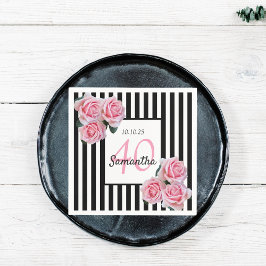 40歳の誕生日ピンクのバラ白黒ストライプ スタンダードカクテルナプキン