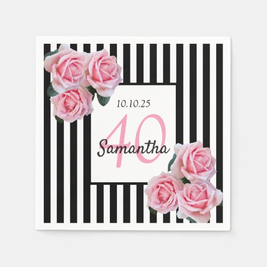 40歳の誕生日ピンクのバラ白黒ストライプ スタンダードカクテルナプキン (正面)