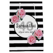 40歳の誕生日ピンクのバラ白黒ストライプ ミディアムペーパーバッグ (裏面)