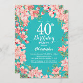 40歳の誕生日ピンクのフローラ花ティール(緑がかった色)背景 招待状 (正面/裏面)