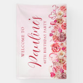 40歳の誕生日ピンクのローズ渦巻形のハート歓迎 横断幕 (縦)