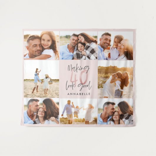 40歳の誕生日ピンクの女の子らしいグリッター写真コラージュ タペストリー (正面(横))