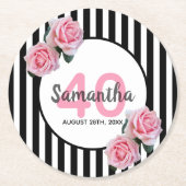 40歳の誕生日ピンクの花ブラックストライプ ラウンドペーパーコースター (正面)