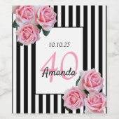 40歳の誕生日ピンクの花模様オン白黒ストライプ ワインラベル (シングルラベル)