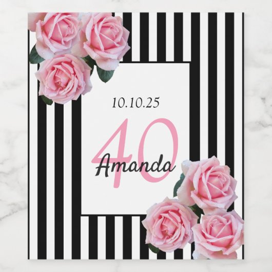 40歳の誕生日ピンクの花模様オン白黒ストライプ ワインラベル (シングルラベル)