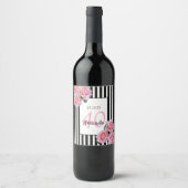 40歳の誕生日ピンクの花模様オン白黒ストライプ ワインラベル (正面)