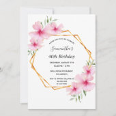 40歳の誕生日ピンクの花模様金ゴールド幾何学的 招待状 (正面)