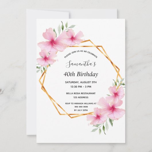 40歳の誕生日ピンクの花模様金ゴールド幾何学的 招待状 (正面)