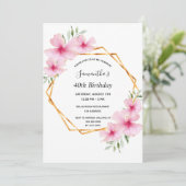 40歳の誕生日ピンクの花模様金ゴールド幾何学的 招待状 (スタンド正面)