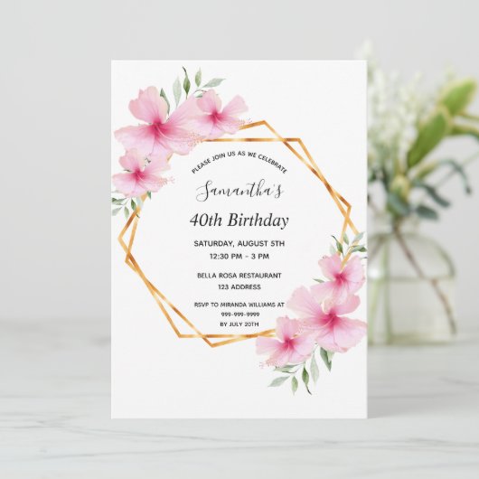 40歳の誕生日ピンクの花模様金ゴールド幾何学的 招待状 (スタンド正面)