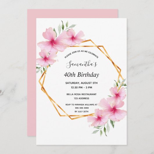 40歳の誕生日ピンクの花模様金ゴールド幾何学的 招待状 (正面/裏面)