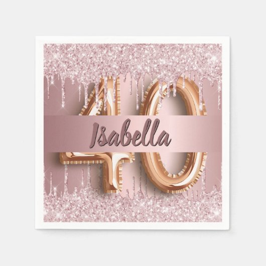 40歳の誕生日ピンクほこりっぽいバラグリッターモノグラム スタンダードカクテルナプキン (正面)