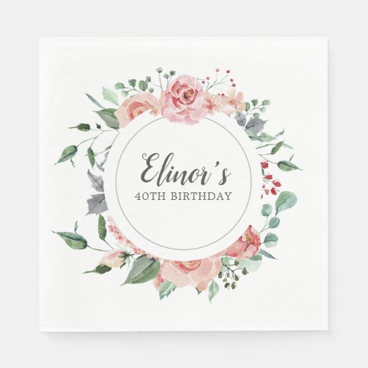40歳の誕生日ピンクエレガントローズフローラ スタンダードランチョンナプキン (正面)