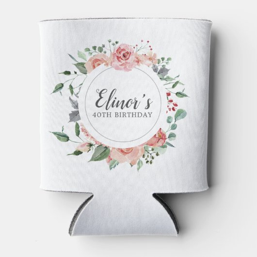 40歳の誕生日ピンクエレガントローズフローラ 缶クーラー (正面)