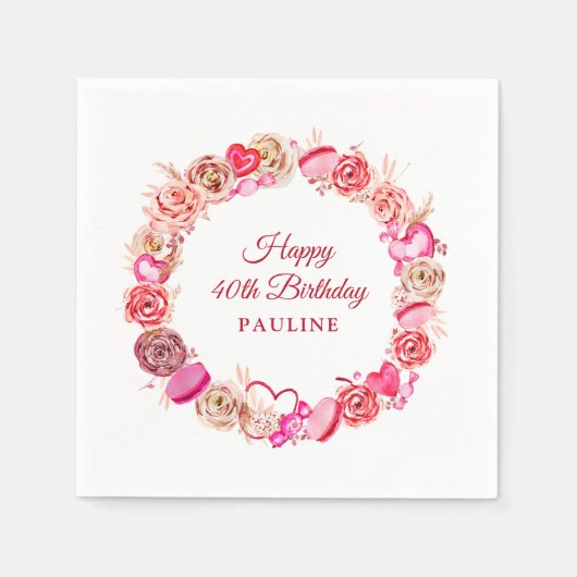40歳の誕生日ピンクローズ渦巻形のハートバレンタイン スタンダードカクテルナプキン (正面)