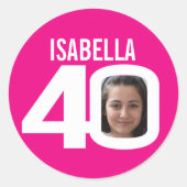 40歳の誕生日ピンク白いカスタムの写真名お願い ラウンドシール (正面)