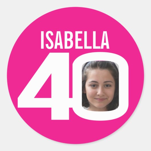 40歳の誕生日ピンク白いカスタムの写真名お願い ラウンドシール (正面)