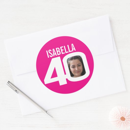 40歳の誕生日ピンク白いカスタムの写真名お願い ラウンドシール (封筒)
