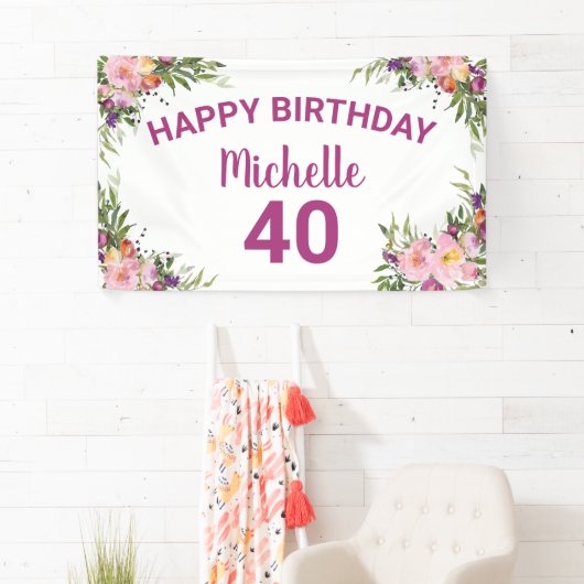 40歳の誕生日ピンク紫の水彩フローラ 横断幕 (インサイチュ)