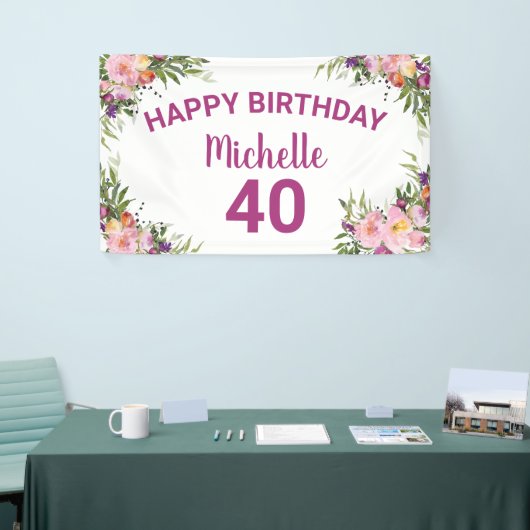 40歳の誕生日ピンク紫の水彩フローラ 横断幕 (トレードショー)