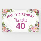 40歳の誕生日ピンク紫の水彩フローラ 横断幕 (横)