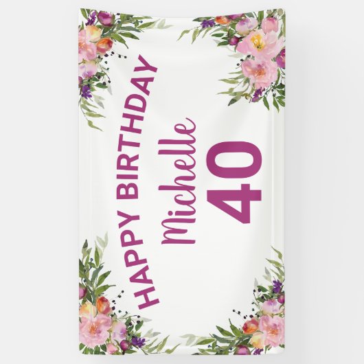 40歳の誕生日ピンク紫の水彩フローラ 横断幕 (縦)