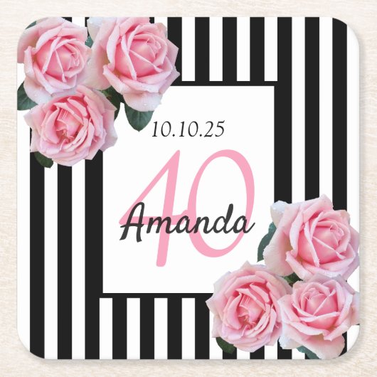 40歳の誕生日ピンク花模様白黒ストライプ スクエアペーパーコースター (正面)