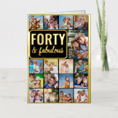 40歳の誕生日フォトコラージュ黒と金ゴールド 箔グリーティングカード (正面)