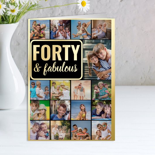40歳の誕生日フォトコラージュ黒と金ゴールド 箔グリーティングカード