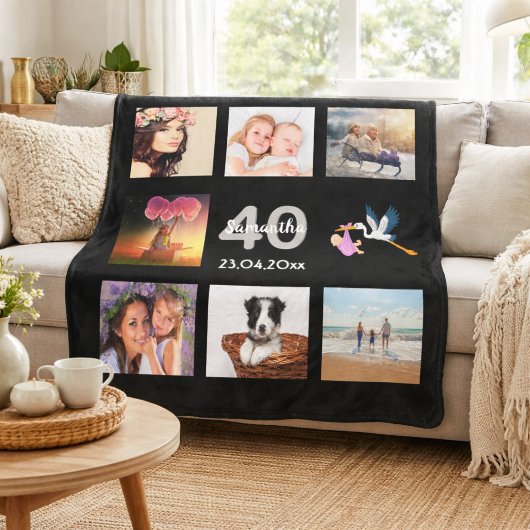 40歳の誕生日フォトコラージュ黒 フリースブランケット