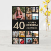 40歳の誕生日フォトコラージュ13枚の写真ブラック&金ゴールド カード (黄色い花)