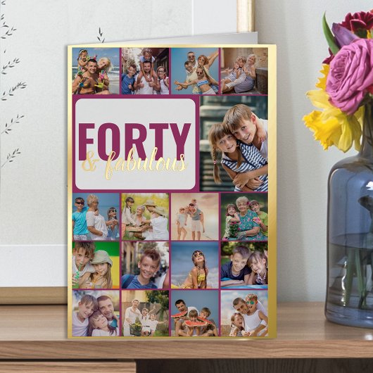 40歳の誕生日フォトコラージュ ピンクとゴールド 箔グリーティングカード