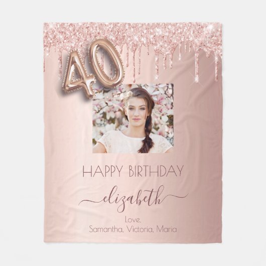 40歳の誕生日フォトバラ金ゴールドグリッターピンクの友達 フリースブランケット (正面)