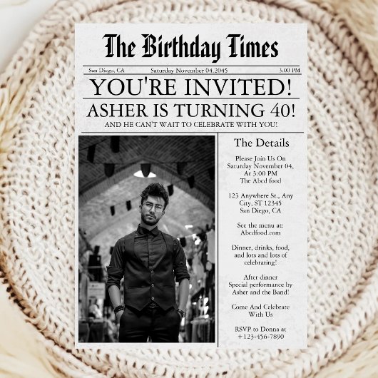 40歳の誕生日フォトパーティー新聞風デザイン 招待状