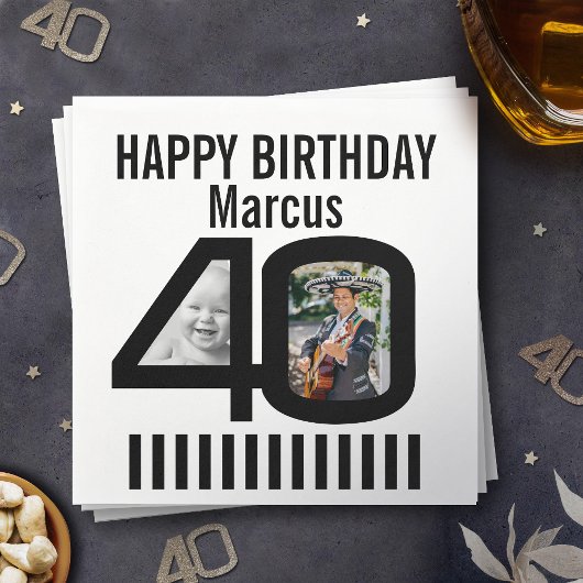 40歳の誕生日フォトブラックストライプパーティー2枚 スタンダードカクテルナプキン
