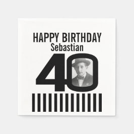 40歳の誕生日フォトブラックストライプフォトナプキン スタンダードカクテルナプキン
