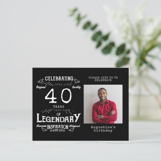 40歳の誕生日フォトブラックヴィンテージ誕生日招待状 ポストカード (スタンド正面)