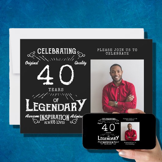 40歳の誕生日フォトブラックヴィンテージ 招待状