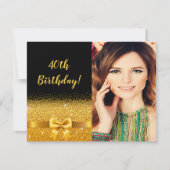 40歳の誕生日フォトブラック金ゴールドボウ 招待状 (正面)