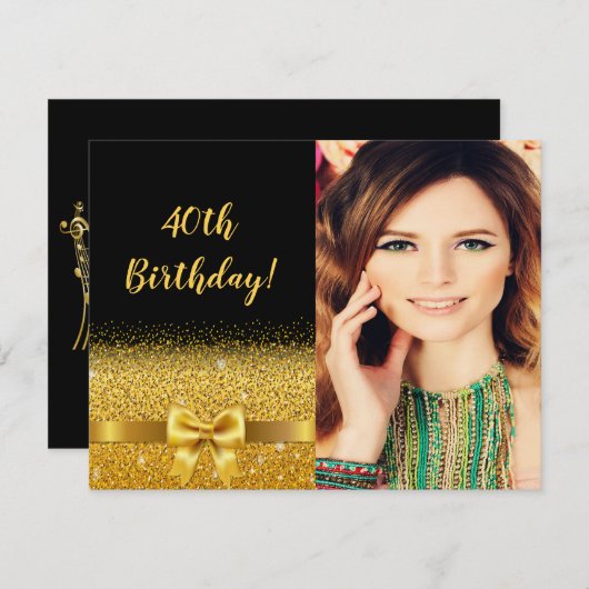 40歳の誕生日フォトブラック金ゴールドボウ 招待状 (正面/裏面)